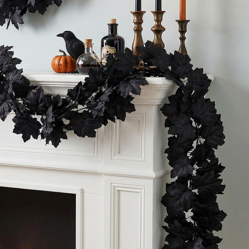Black Maple Leaf Garland, 2-Pack Faux Hanging Vine, Moody & Realistic Artificial Leaves for Dramatic Halloween Decor, Gothic Wedding, Mantel & Home