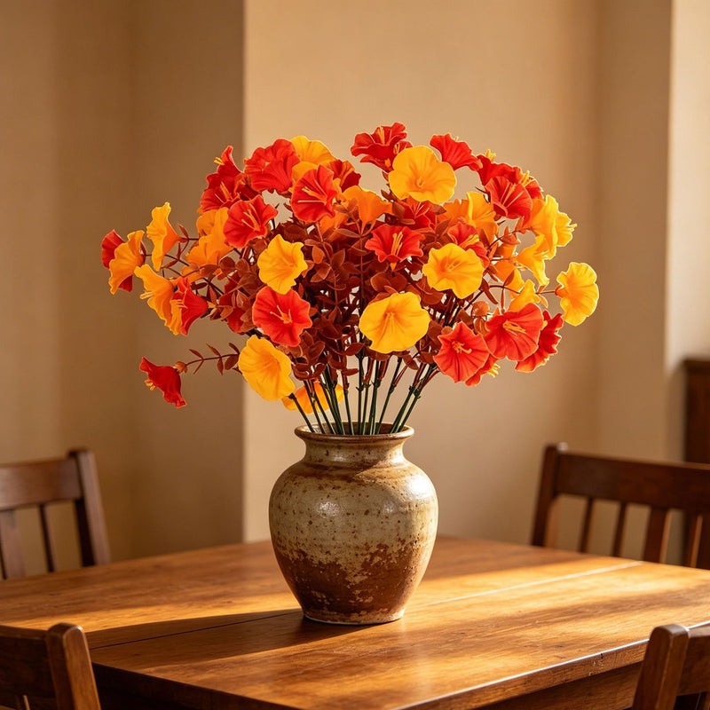 16-Head Autumn Morning Glory Faux Flowers, 14" Real-Touch Eucalyptus, Perfect for Home Decor, Weddings, and Seasonal Arrangements