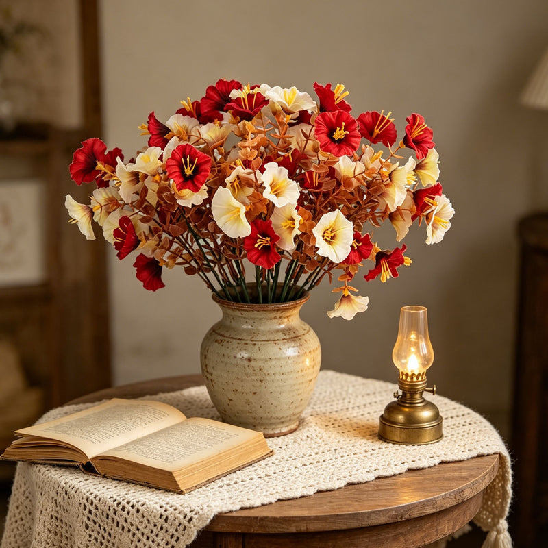 16-Head Autumn Morning Glory Faux Flowers, 14" Real-Touch Eucalyptus, Perfect for Home Decor, Weddings, and Seasonal Arrangements