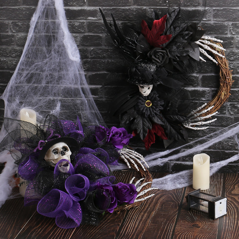 Halloween Skull Wreath with Mesh Accents - 18" Red & 16" Purple - Perfect for Home Decor, Weddings, Parties, and Seasonal Displays