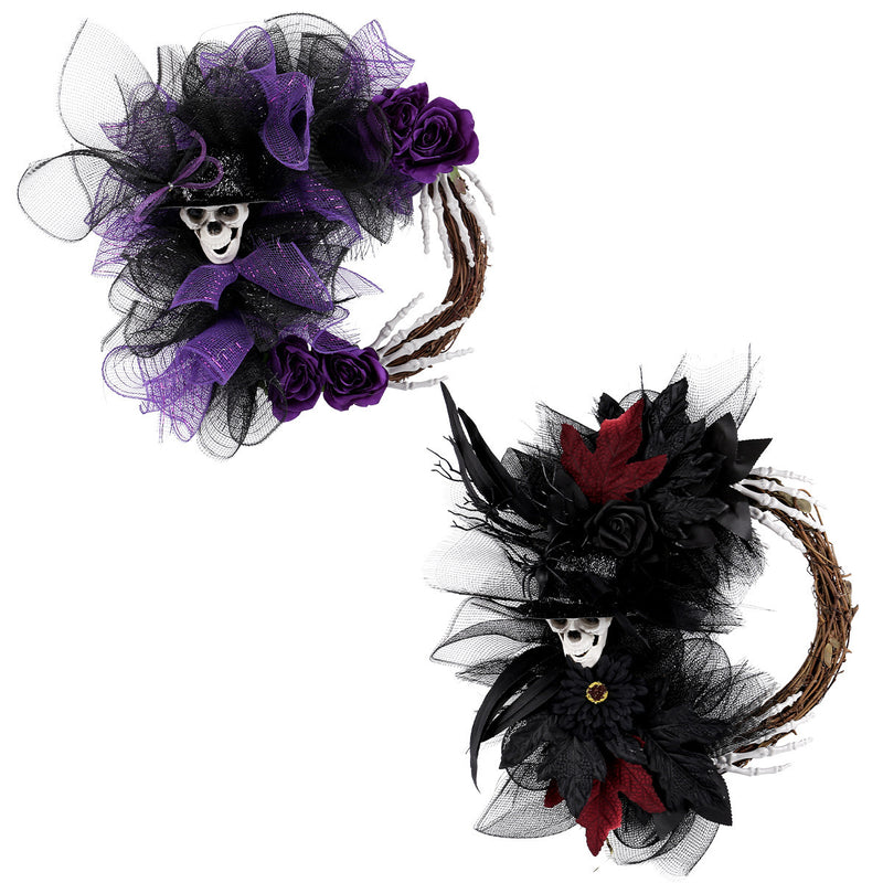 Halloween Skull Wreath with Mesh Accents - 18" Red & 16" Purple - Perfect for Home Decor, Weddings, Parties, and Seasonal Displays