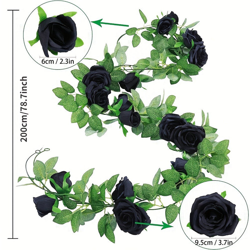 2m Black Rose Vine, Realistic Faux Flowers for Weddings, Home Decor, Halloween & Seasonal Decor, Elegant Floral Arrangement