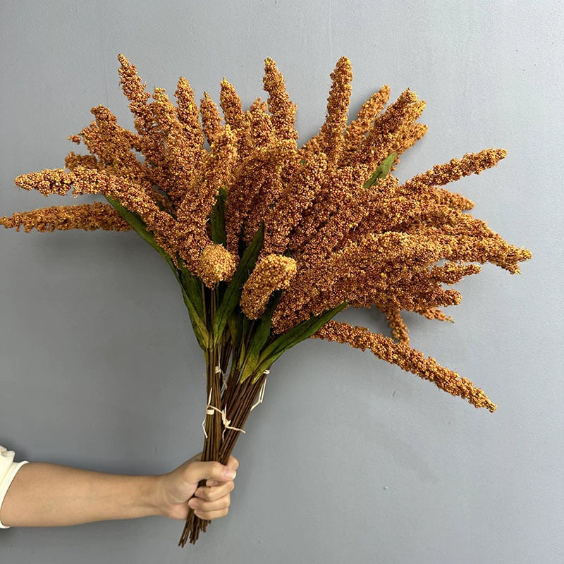 Faux Wheat Stalks, 21" Tall Rustic Grain Stems, 6-Stem Bundle for Farmhouse Vase Decor, DIY Wedding Bouquets, Autumn & Harvest Display