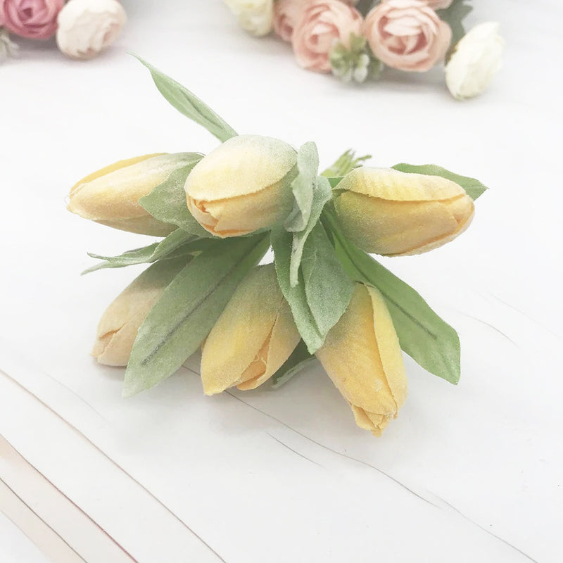 Frosted Mini Tulip Bouquet, 6 Lifelike Artificial Stems, 5.5" Small Faux Flowers for DIY Wedding Corsage, Boutonniere, Home Decor Accents