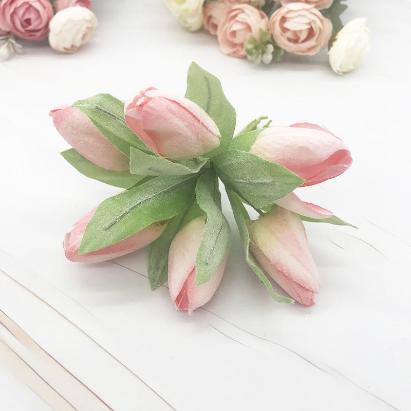 Frosted Mini Tulip Bouquet, 6 Lifelike Artificial Stems, 5.5" Small Faux Flowers for DIY Wedding Corsage, Boutonniere, Home Decor Accents
