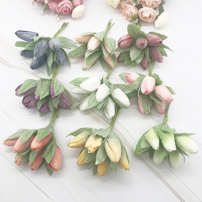 Frosted Mini Tulip Bouquet, 6 Lifelike Artificial Stems, 5.5" Small Faux Flowers for DIY Wedding Corsage, Boutonniere, Home Decor Accents