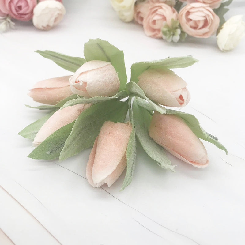 Frosted Mini Tulip Bouquet, 6 Lifelike Artificial Stems, 5.5" Small Faux Flowers for DIY Wedding Corsage, Boutonniere, Home Decor Accents