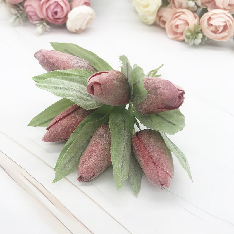 Frosted Mini Tulip Bouquet, 6 Lifelike Artificial Stems, 5.5" Small Faux Flowers for DIY Wedding Corsage, Boutonniere, Home Decor Accents
