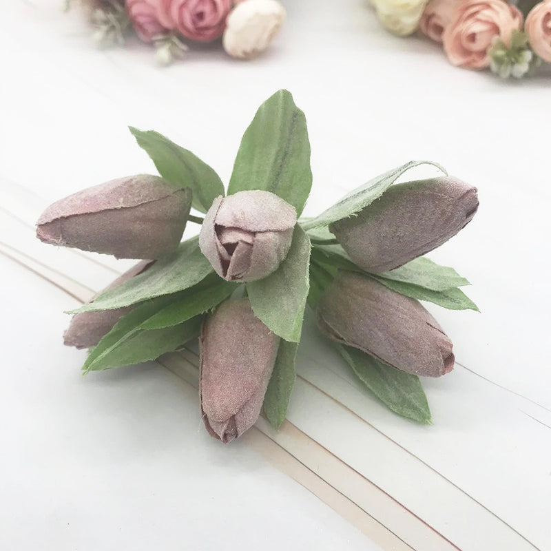 Frosted Mini Tulip Bouquet, 6 Lifelike Artificial Stems, 5.5" Small Faux Flowers for DIY Wedding Corsage, Boutonniere, Home Decor Accents