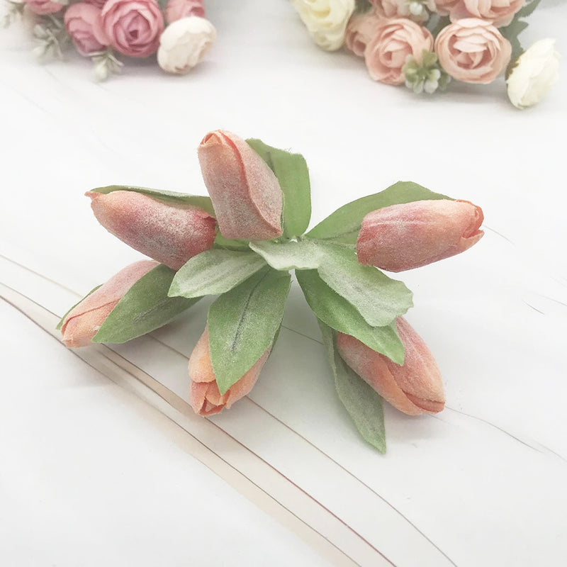 Frosted Mini Tulip Bouquet, 6 Lifelike Artificial Stems, 5.5" Small Faux Flowers for DIY Wedding Corsage, Boutonniere, Home Decor Accents