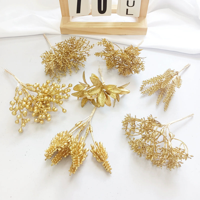 Gilded Cedar & Pine Floral Pick, 8-Inch Faux Stem for DIY Crafts, Wedding Boutonnieres, Christmas Decor & Luxe Gift Wrapping