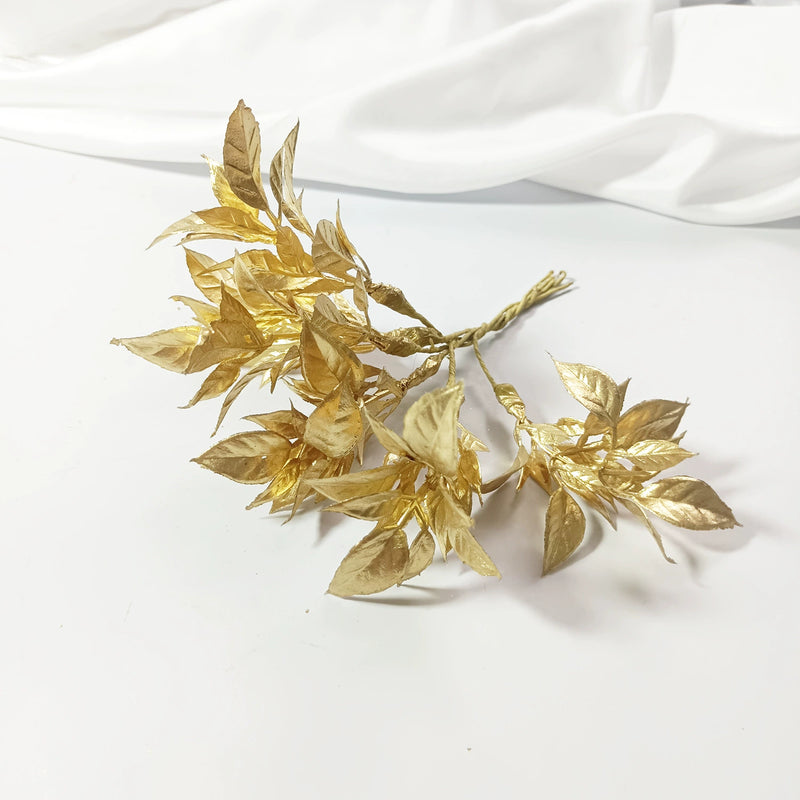 Gold Leaf Spray, 5.5" Gilded Faux Leaves, Metallic Accent Pick for DIY Wedding Corsages, Boutonnieres, Wreaths & Holiday Crafts