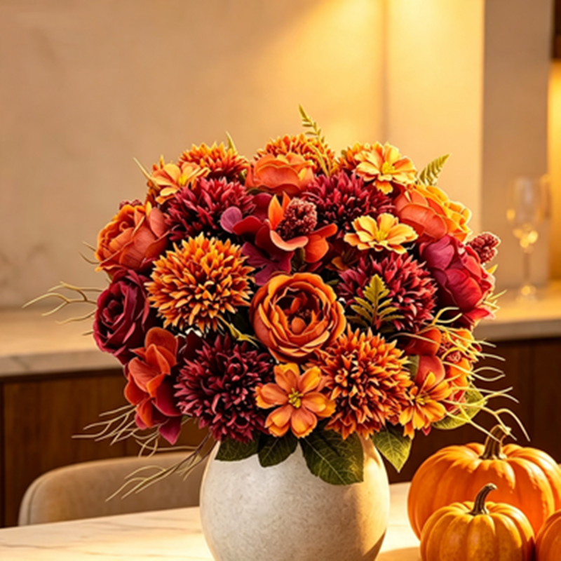 Faux Autumn Floral Bouquets, Set of 3, 13-inch Silk Rose, Mum & Hydrangea Stems, Realistic Flowers for DIY Wedding, Home Decor, Rustic Centerpiece