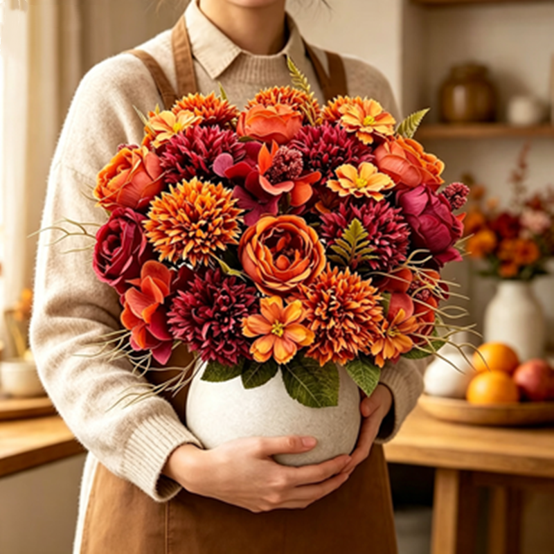 Faux Autumn Floral Bouquets, Set of 3, 13-inch Silk Rose, Mum & Hydrangea Stems, Realistic Flowers for DIY Wedding, Home Decor, Rustic Centerpiece