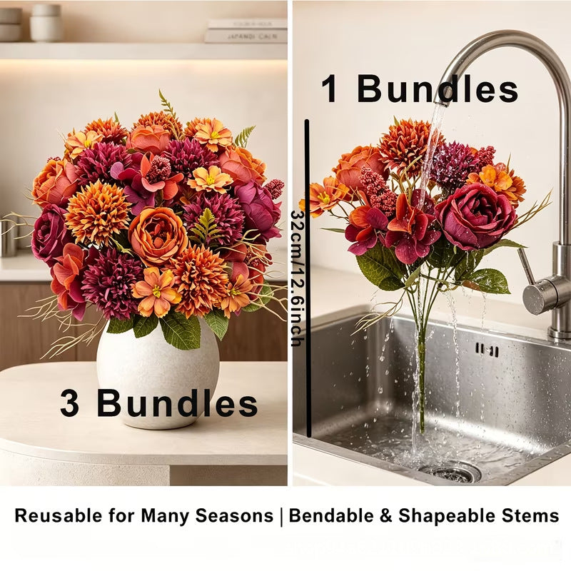 Faux Autumn Floral Bouquets, Set of 3, 13-inch Silk Rose, Mum & Hydrangea Stems, Realistic Flowers for DIY Wedding, Home Decor, Rustic Centerpiece