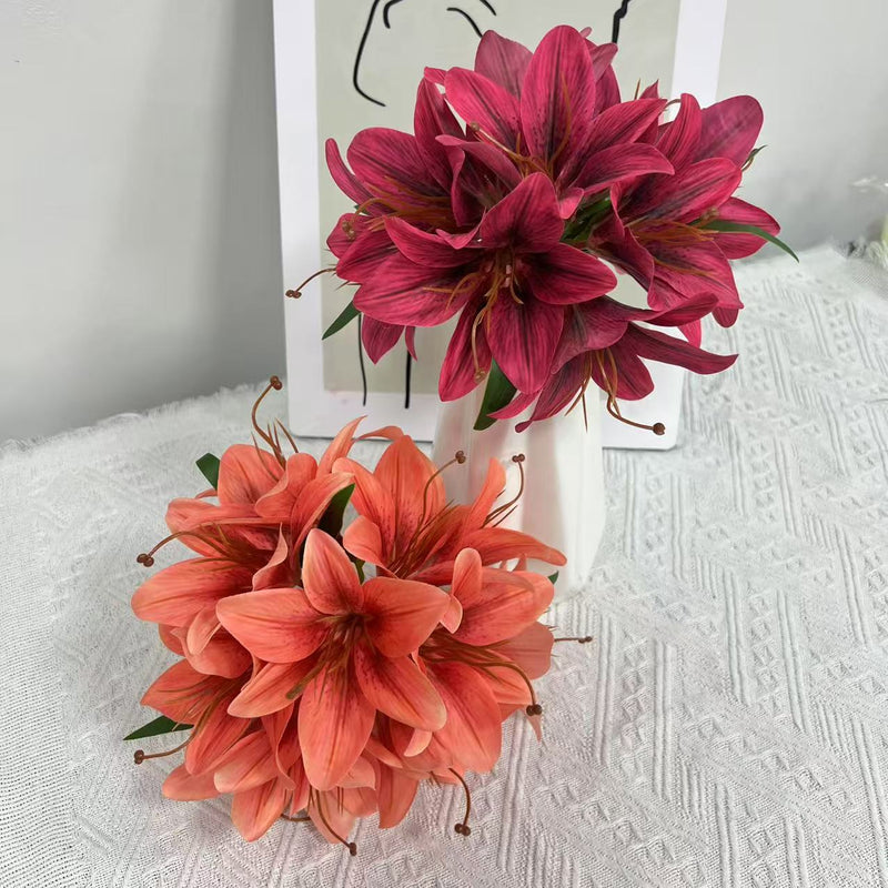 Lifelike Faux Lily Bouquet, 12" Silk Flowers for DIY Wedding Centerpieces, Realistic Floral Arrangement, Home Decor Vase Filler, Everlasting Blooms