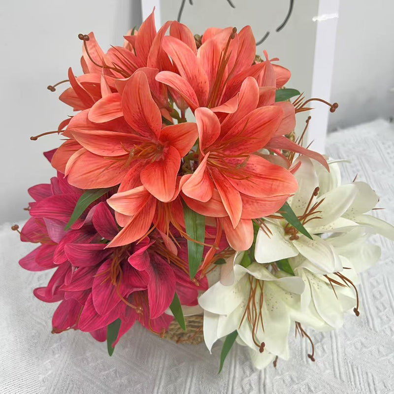 Lifelike Faux Lily Bouquet, 12" Silk Flowers for DIY Wedding Centerpieces, Realistic Floral Arrangement, Home Decor Vase Filler, Everlasting Blooms