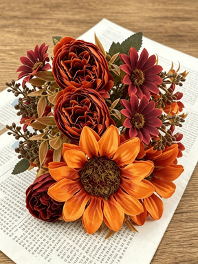 Faux Autumn Sunflower Stem, 12", Realistic Burnt Orange Sunflowers for Rustic Wedding Bouquets, Fall Home Decor, Farmhouse Vase Arrangements