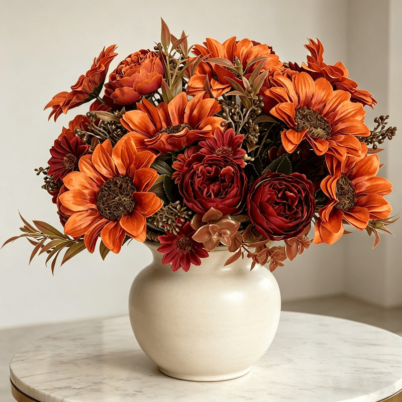 Faux Autumn Sunflower Stem, 12", Realistic Burnt Orange Sunflowers for Rustic Wedding Bouquets, Fall Home Decor, Farmhouse Vase Arrangements
