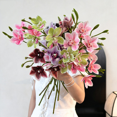 Lifelike 22" Cymbidium Orchid Stem, 3-Bloom Realistic Faux Flower for Elegant Wedding Bouquets, DIY Arrangements, Tall Vase Home Decor