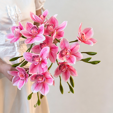 Lifelike 22" Cymbidium Orchid Stem, 3-Bloom Realistic Faux Flower for Elegant Wedding Bouquets, DIY Arrangements, Tall Vase Home Decor