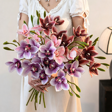 Lifelike 22" Cymbidium Orchid Stem, 3-Bloom Realistic Faux Flower for Elegant Wedding Bouquets, DIY Arrangements, Tall Vase Home Decor