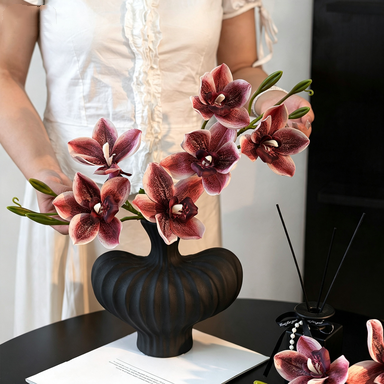 Lifelike 22" Cymbidium Orchid Stem, 3-Bloom Realistic Faux Flower for Elegant Wedding Bouquets, DIY Arrangements, Tall Vase Home Decor