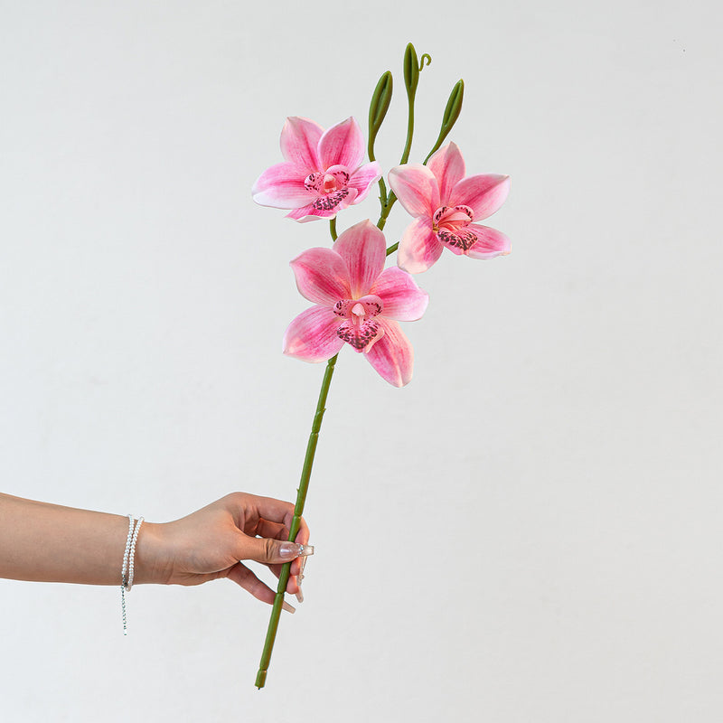 Lifelike 22" Cymbidium Orchid Stem, 3-Bloom Realistic Faux Flower for Elegant Wedding Bouquets, DIY Arrangements, Tall Vase Home Decor