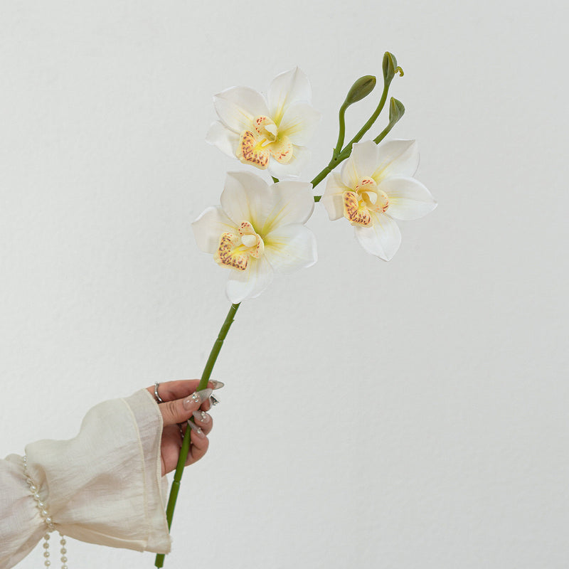 Lifelike 22" Cymbidium Orchid Stem, 3-Bloom Realistic Faux Flower for Elegant Wedding Bouquets, DIY Arrangements, Tall Vase Home Decor