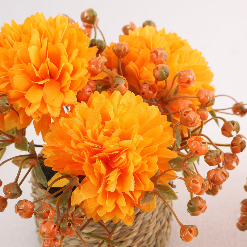 Set of 2 Faux Potted Chrysanthemums, 5.5" Small Autumn Pom Pom Mums in Wicker Pots, Realistic Ball Mums for Rustic Home Decor, Wedding Centerpiece, Bookshelf