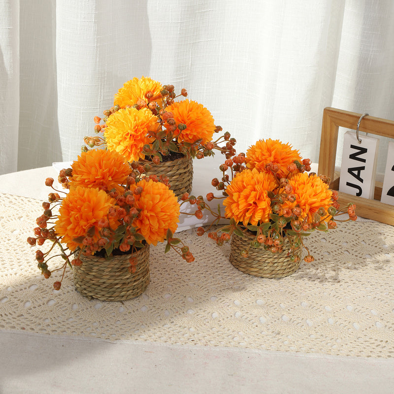 Set of 2 Faux Potted Chrysanthemums, 5.5" Small Autumn Pom Pom Mums in Wicker Pots, Realistic Ball Mums for Rustic Home Decor, Wedding Centerpiece, Bookshelf
