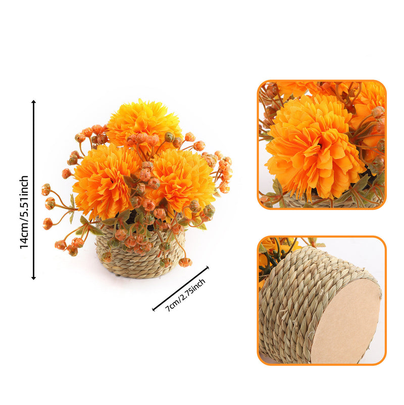 Set of 2 Faux Potted Chrysanthemums, 5.5" Small Autumn Pom Pom Mums in Wicker Pots, Realistic Ball Mums for Rustic Home Decor, Wedding Centerpiece, Bookshelf
