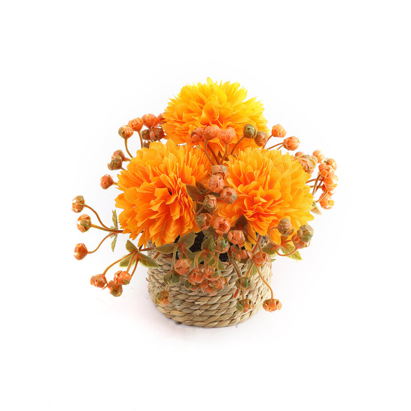 Set of 2 Faux Potted Chrysanthemums, 5.5" Small Autumn Pom Pom Mums in Wicker Pots, Realistic Ball Mums for Rustic Home Decor, Wedding Centerpiece, Bookshelf