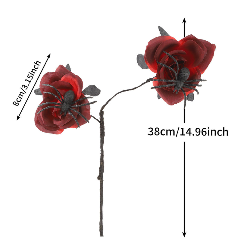 Gothic Black Spider Red Rose Faux Flowers, 15" Real-Touch Silk, Halloween Decor, Wedding & Home Centerpiece
