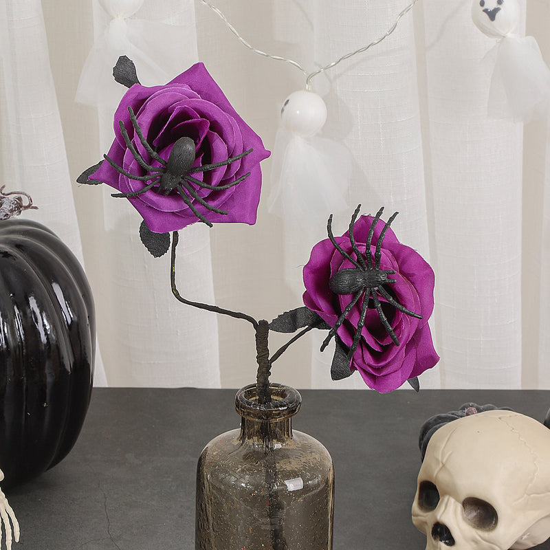 Gothic Black Spider Red Rose Faux Flowers, 15" Real-Touch Silk, Halloween Decor, Wedding & Home Centerpiece