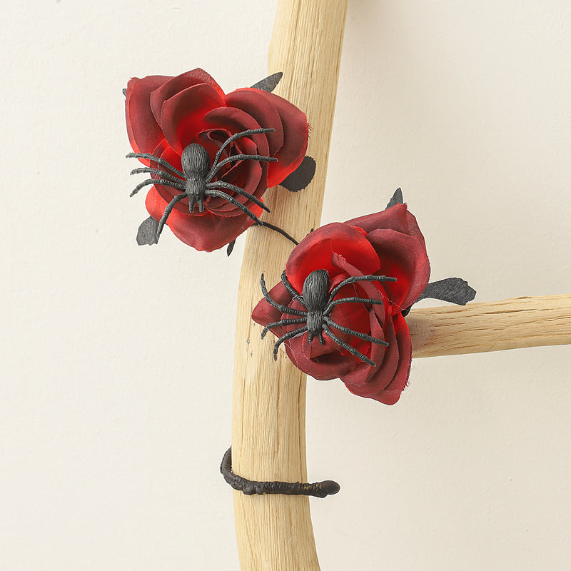 Gothic Black Spider Red Rose Faux Flowers, 15" Real-Touch Silk, Halloween Decor, Wedding & Home Centerpiece