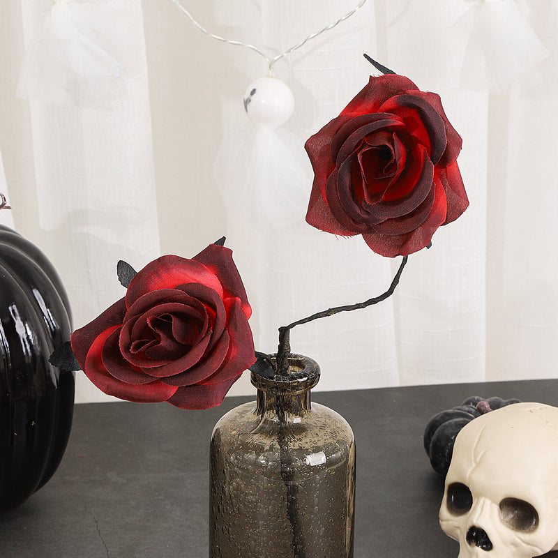 Gothic Black Spider Red Rose Faux Flowers, 15" Real-Touch Silk, Halloween Decor, Wedding & Home Centerpiece
