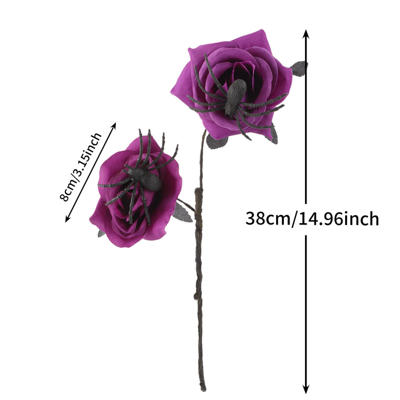 Gothic Black Spider Red Rose Faux Flowers, 15" Real-Touch Silk, Halloween Decor, Wedding & Home Centerpiece