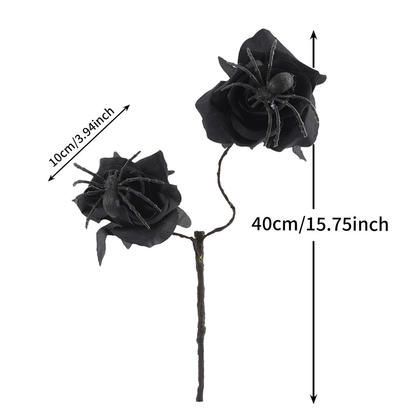 Gothic Black Spider Red Rose Faux Flowers, 15" Real-Touch Silk, Halloween Decor, Wedding & Home Centerpiece