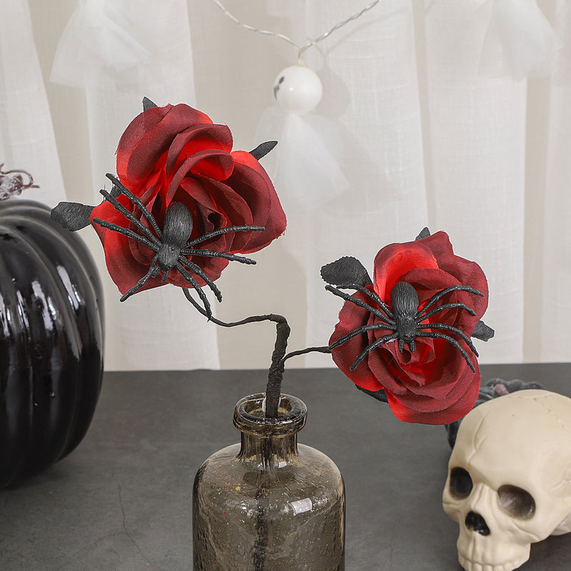 Gothic Black Spider Red Rose Faux Flowers, 15" Real-Touch Silk, Halloween Decor, Wedding & Home Centerpiece