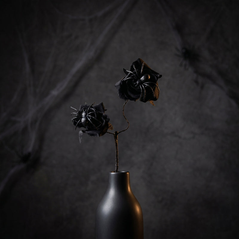 Gothic Black Spider Red Rose Faux Flowers, 15" Real-Touch Silk, Halloween Decor, Wedding & Home Centerpiece