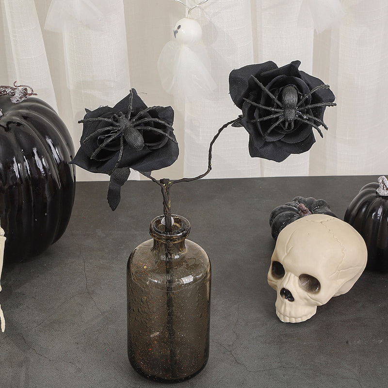 Gothic Black Spider Red Rose Faux Flowers, 15" Real-Touch Silk, Halloween Decor, Wedding & Home Centerpiece