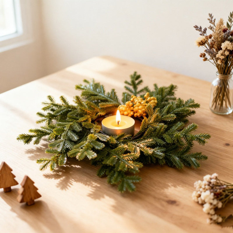 Christmas Wreath Candle Holder with Dual-Tone Noble Fir Pine Needles, Realistic Holiday Decor for Home, Wedding, and Event Styling