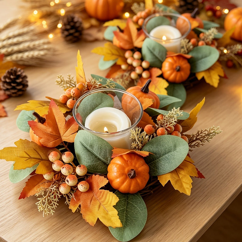 Real-Touch Red Berry & Maple Leaf Candle Ring, 10" Diameter, Perfect for Home Decor, Weddings, and Holiday Tablescapes