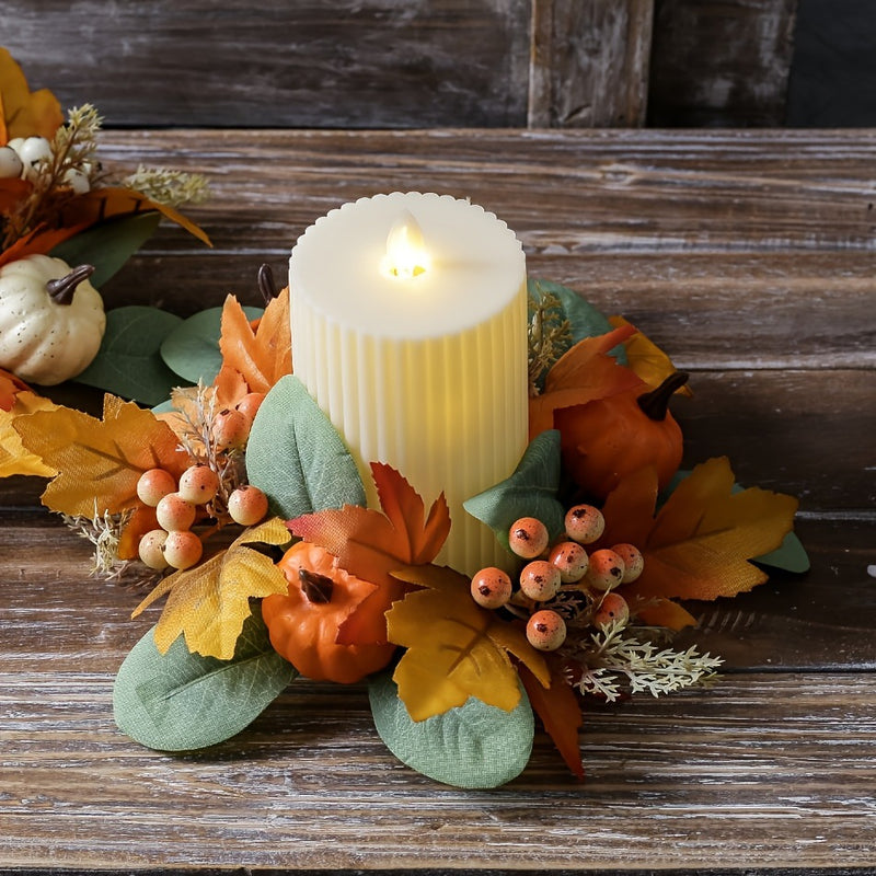 Real-Touch Red Berry & Maple Leaf Candle Ring, 10" Diameter, Perfect for Home Decor, Weddings, and Holiday Tablescapes