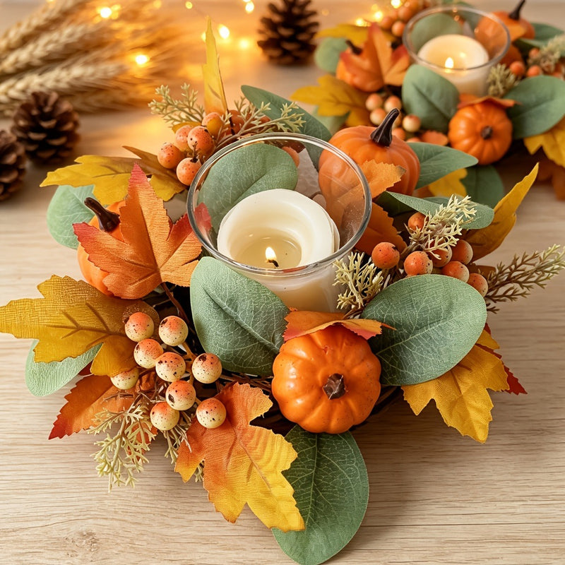 Real-Touch Red Berry & Maple Leaf Candle Ring, 10" Diameter, Perfect for Home Decor, Weddings, and Holiday Tablescapes