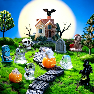 Halloween Crystal Ball Decorations, Set of 3, Miniature Resin Figurines Featuring Ghosts, Pumpkins, and Witches, Perfect for Home Decor, Event Styling, and Gifts