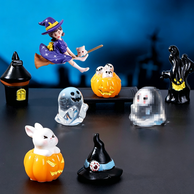 Halloween Crystal Ball Decorations, Set of 3, Miniature Resin Figurines Featuring Ghosts, Pumpkins, and Witches, Perfect for Home Decor, Event Styling, and Gifts