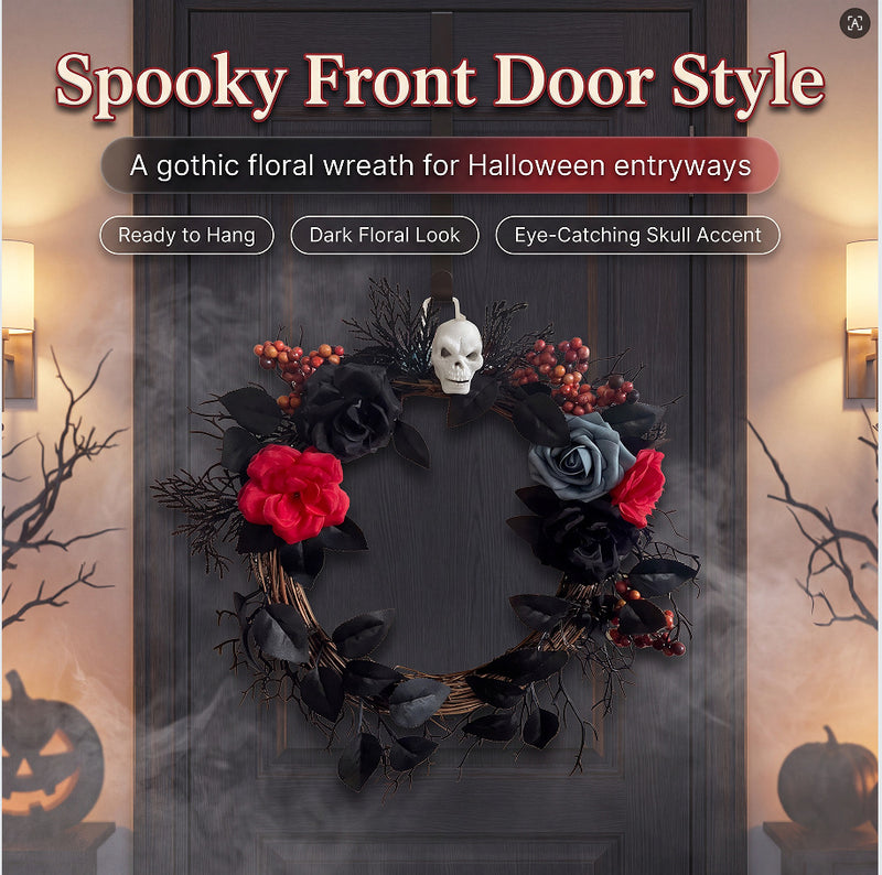 Halloween Wreath Door Hanging Decor - 16" Gothic Skeleton Rose & 12" Spider Web, Realistic Faux Floral for Holiday, Home, Events