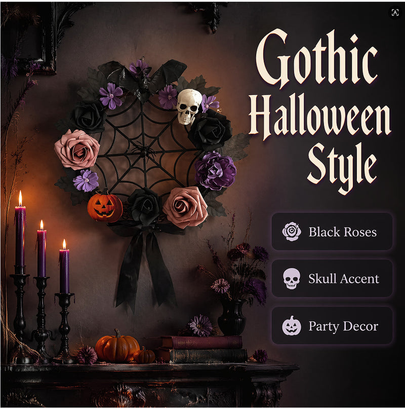 Halloween Wreath Door Hanging Decor - 16" Gothic Skeleton Rose & 12" Spider Web, Realistic Faux Floral for Holiday, Home, Events